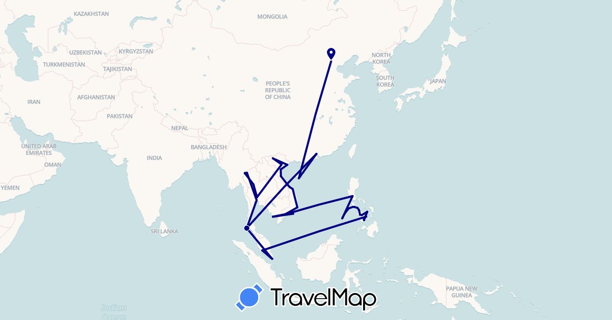 TravelMap itinerary: driving in China, Malaysia, Philippines, Singapore, Thailand, Vietnam (Asia)